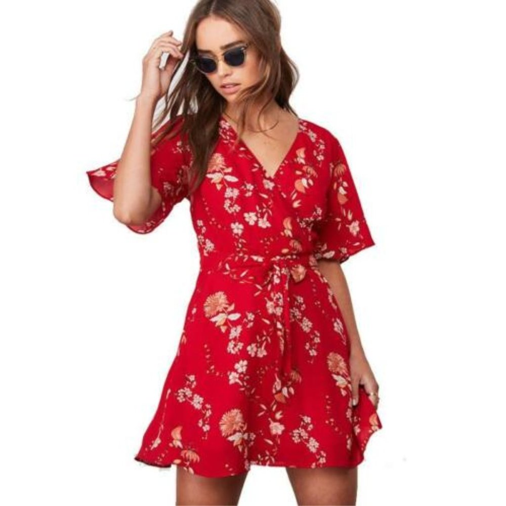 BB DAKOTA Size 4 Red Floral Faux Wrap Dress